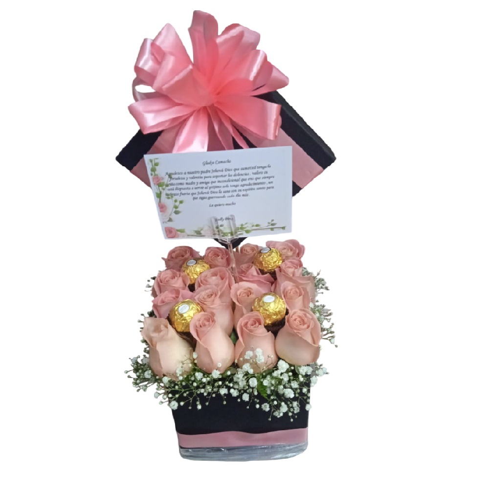 RAMO DE FLORES EN CAJA CON 16 ROSAS ROSADAS