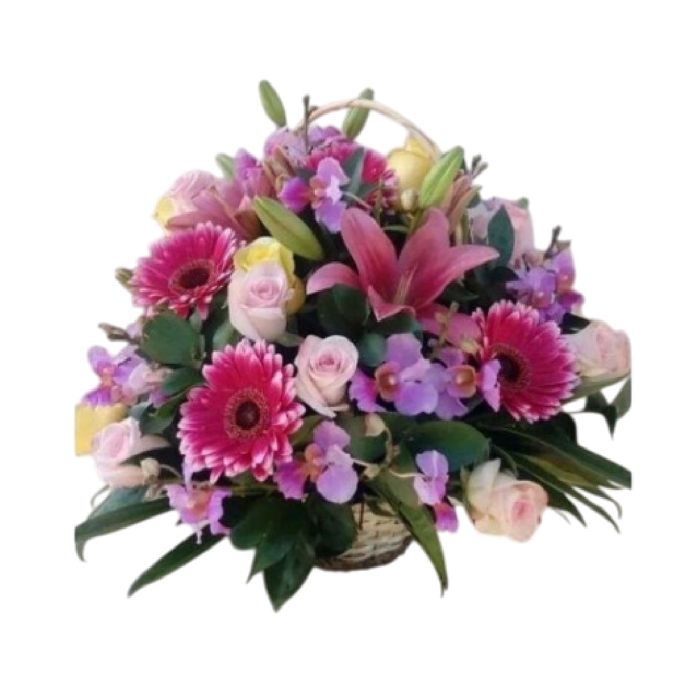 CANASTA DE FLORES EN ROSAS, LIRIOS, ORQUIDEA Y GERBERA