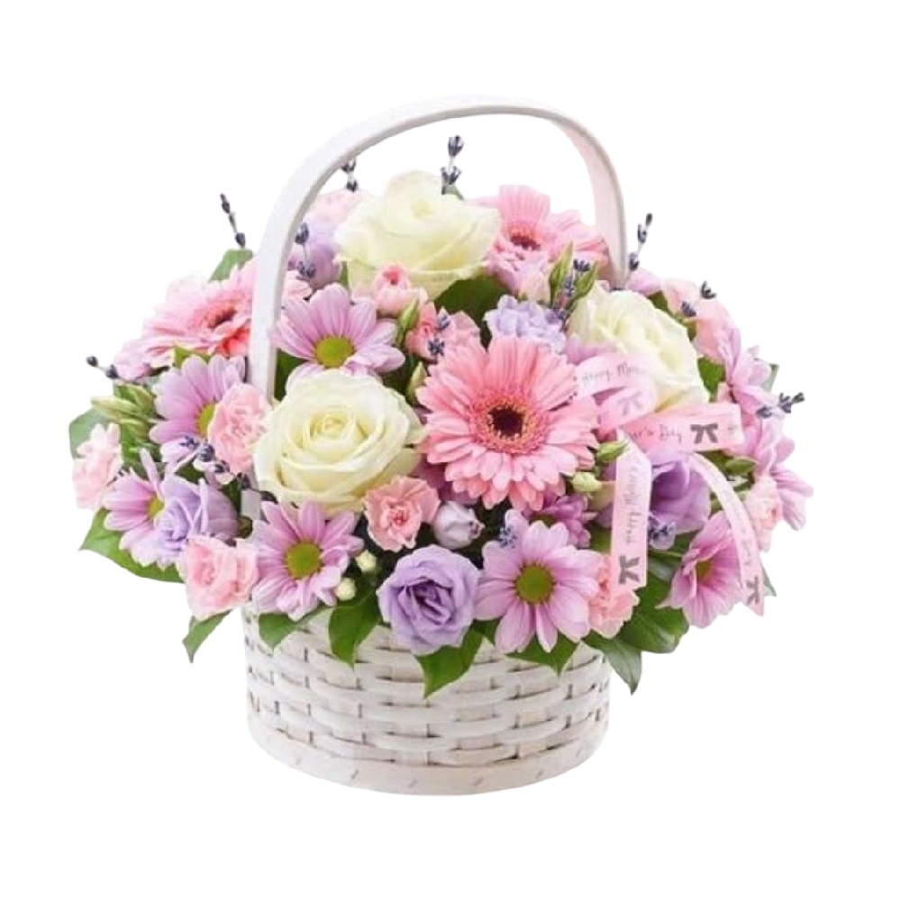 CANASTA DE FLORES EN ROSAS, LIRIOS, ORQUIDEA Y GERBERA