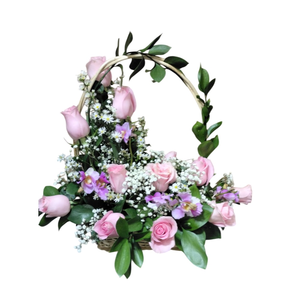 CANASTA UN LADO,12 ROSAS ROSADAS Y ORQUIDEA