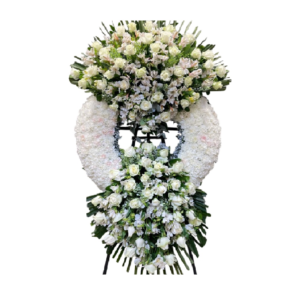 CORONA FUNEBRE DUAL GRANDE EN ROSAS Y ASTROMELIA