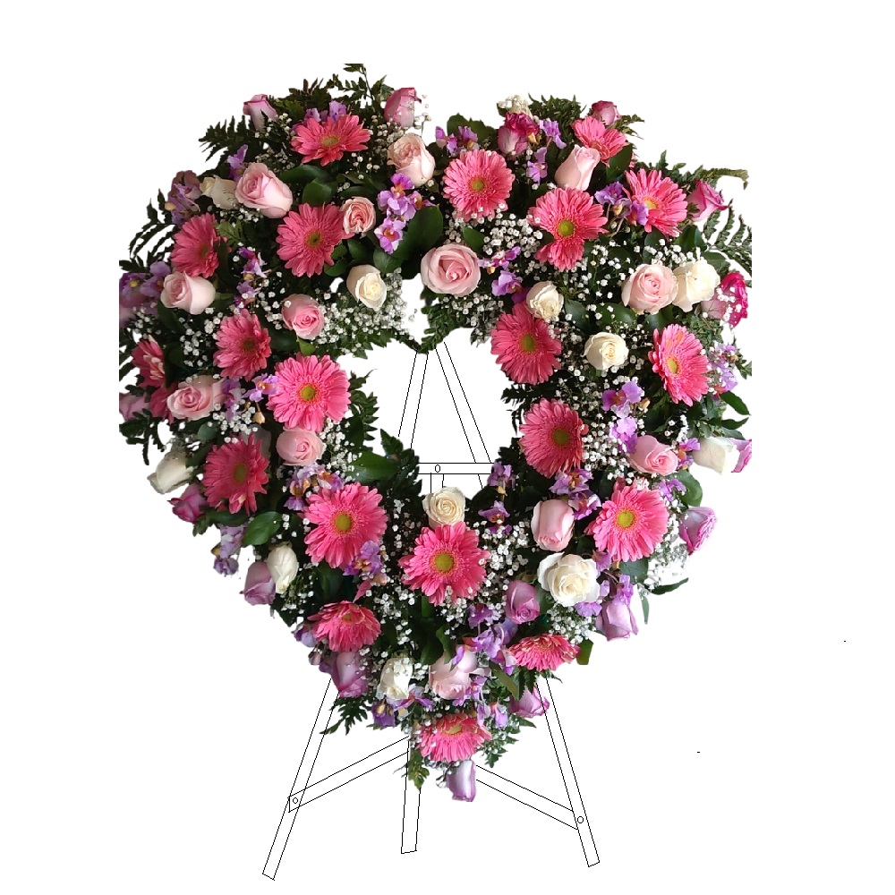 CORANA FUNEBRE EN FORMA DE CORAZON EN ROSA GERBERA Y ORQUIDEA